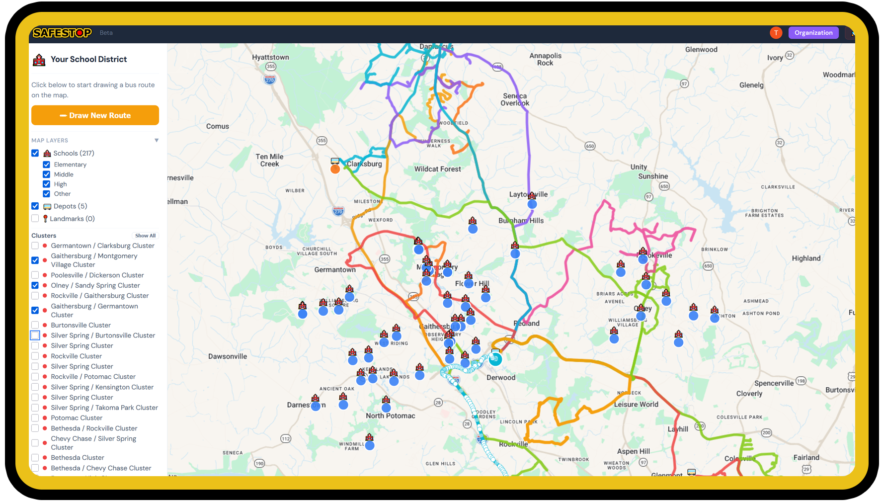 SafeStop route overview showing multiple bus routes on an interactive map